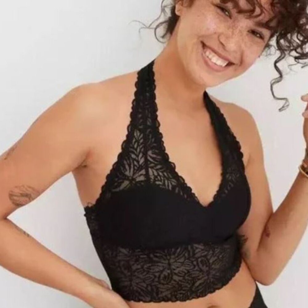 Aerie Black Firework Lace Padded Longline Halter Bralette